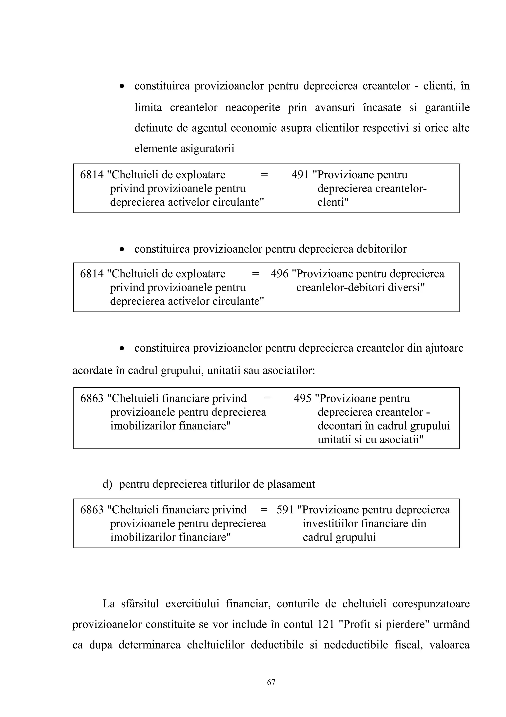 • constituirea provizioanelor pentru deprecierea creantelor - clienti, în
limita creantelor neacoperite prin avansuri încasate si garantiile
detinute de agentul economic asupra clientilor respectivi si orice alte
elemente asiguratorii
• constituirea provizioanelor pentru deprecierea debitorilor
• constituirea provizioanelor pentru deprecierea creantelor din ajutoare
acordate în cadrul grupului, unitatii sau asociatilor:
d) pentru deprecierea titlurilor de plasament
La sfârsitul exercitiului financiar, conturile de cheltuieli corespunzatoare
provizioanelor constituite se vor include în contul 121 "Profit si pierdere" urmând
ca dupa determinarea cheltuielilor deductibile si nedeductibile fiscal, valoarea
6814 "Cheltuieli de exploatare = 491 "Provizioane pentru
privind provizioanele pentru deprecierea creantelor-
deprecierea activelor circulante" clenti"
6814 "Cheltuieli de exploatare = 496 "Provizioane pentru deprecierea
privind provizioanele pentru creanlelor-debitori diversi"
deprecierea activelor circulante"
6863 "Cheltuieli financiare privind = 495 "Provizioane pentru
provizioanele pentru deprecierea deprecierea creantelor -
imobilizarilor financiare" decontari în cadrul grupului
unitatii si cu asociatii"
6863 "Cheltuieli financiare privind = 591 "Provizioane pentru deprecierea
provizioanele pentru deprecierea investitiilor financiare din
imobilizarilor financiare" cadrul grupului
67
 