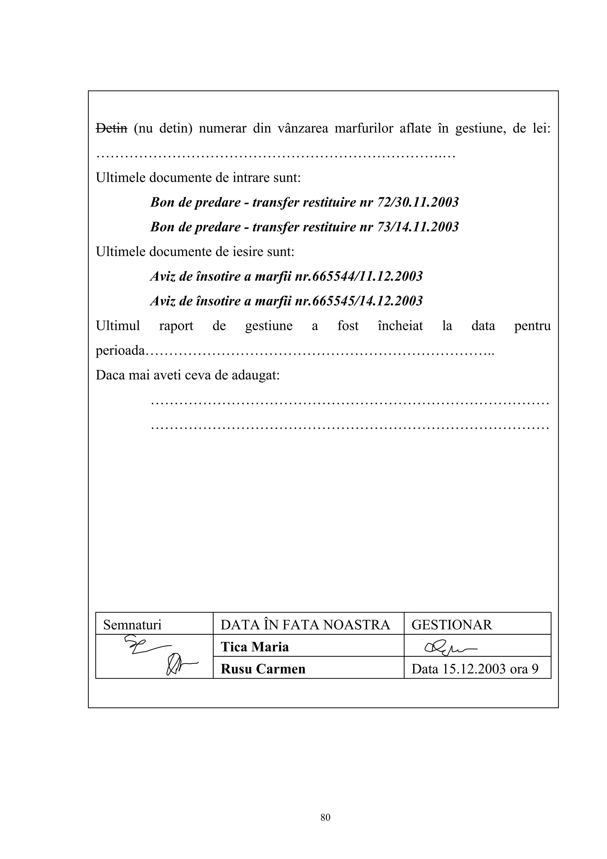 Detin (nu detin) numerar din vânzarea marfurilor aflate în gestiune, de lei:
……………………………………………………………….…
Ultimele documente de intrare sunt:
Bon de predare - transfer restituire nr 72/30.11.2003
Bon de predare - transfer restituire nr 73/14.11.2003
Ultimele documente de iesire sunt:
Aviz de însotire a marfii nr.665544/11.12.2003
Aviz de însotire a marfii nr.665545/14.12.2003
Ultimul raport de gestiune a fost încheiat la data pentru
perioada………………………………………………………………..
Daca mai aveti ceva de adaugat:
…………………………………………………………………………
…………………………………………………………………………
Semnaturi
Tica Maria
Rusu Carmen
DATA ÎN FATA NOASTRA GESTIONAR
Data 15.12.2003 ora 9
80
 