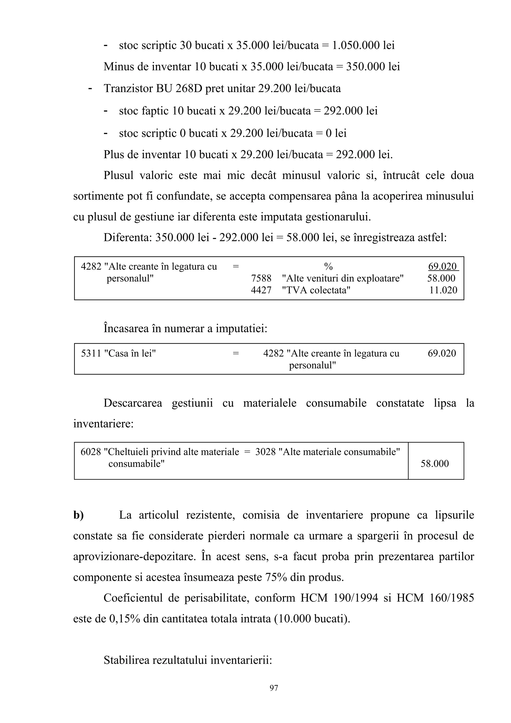 - stoc scriptic 30 bucati x 35.000 lei/bucata = 1.050.000 lei
Minus de inventar 10 bucati x 35.000 lei/bucata = 350.000 lei
- Tranzistor BU 268D pret unitar 29.200 lei/bucata
- stoc faptic 10 bucati x 29.200 lei/bucata = 292.000 lei
- stoc scriptic 0 bucati x 29.200 lei/bucata = 0 lei
Plus de inventar 10 bucati x 29.200 lei/bucata = 292.000 lei.
Plusul valoric este mai mic decât minusul valoric si, întrucât cele doua
sortimente pot fi confundate, se accepta compensarea pâna la acoperirea minusului
cu plusul de gestiune iar diferenta este imputata gestionarului.
Diferenta: 350.000 lei - 292.000 lei = 58.000 lei, se înregistreaza astfel:
Încasarea în numerar a imputatiei:
Descarcarea gestiunii cu materialele consumabile constatate lipsa la
inventariere:
b) La articolul rezistente, comisia de inventariere propune ca lipsurile
constate sa fie considerate pierderi normale ca urmare a spargerii în procesul de
aprovizionare-depozitare. În acest sens, s-a facut proba prin prezentarea partilor
componente si acestea însumeaza peste 75% din produs.
Coeficientul de perisabilitate, conform HCM 190/1994 si HCM 160/1985
este de 0,15% din cantitatea totala intrata (10.000 bucati).
Stabilirea rezultatului inventarierii:
4282 "Alte creante în legatura cu = % 69.020
personalul" 7588 "Alte venituri din exploatare" 58.000
4427 "TVA colectata" 11.020
5311 "Casa în lei" = 4282 "Alte creante în legatura cu 69.020
personalul"
6028 "Cheltuieli privind alte materiale = 3028 "Alte materiale consumabile"
consumabile" 58.000
97
 