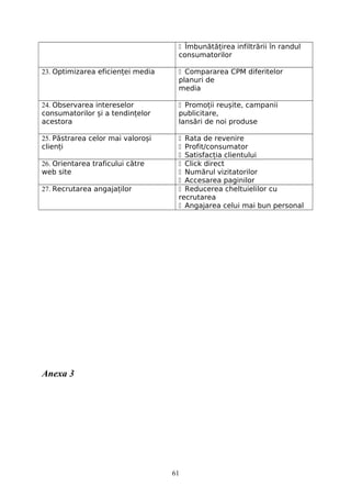  Îmbunătățirea infiltrării în randul
consumatorilor
23. Optimizarea eficienței media  Compararea CPM diferitelor
planuri de
media
24. Observarea intereselor
consumatorilor și a tendințelor
acestora
 Promoții reușite, campanii
publicitare,
lansări de noi produse
25. Păstrarea celor mai valoroși
clienți
 Rata de revenire
 Profit/consumator
 Satisfacția clientului
26. Orientarea traficului către
web site
 Click direct
 Numărul vizitatorilor
 Accesarea paginilor
27. Recrutarea angajaților  Reducerea cheltuielilor cu
recrutarea
 Angajarea celui mai bun personal
Anexa 3
61
 