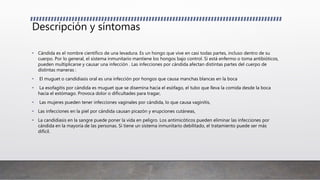 Descripción y síntomas
• Cándida es el nombre científico de una levadura. Es un hongo que vive en casi todas partes, incluso dentro de su
cuerpo. Por lo general, el sistema inmunitario mantiene los hongos bajo control. Si está enfermo o toma antibióticos,
pueden multiplicarse y causar una infección . Las infecciones por cándida afectan distintas partes del cuerpo de
distintas maneras :
• El muguet o candidiasis oral es una infección por hongos que causa manchas blancas en la boca
• La esofagitis por cándida es muguet que se disemina hacia el esófago, el tubo que lleva la comida desde la boca
hacia el estómago. Provoca dolor o dificultades para tragar,
• Las mujeres pueden tener infecciones vaginales por cándida, lo que causa vaginitis,
• Las infecciones en la piel por cándida causan picazón y erupciones cutáneas,
• La candidiasis en la sangre puede poner la vida en peligro. Los antimicóticos pueden eliminar las infecciones por
cándida en la mayoría de las personas. Si tiene un sistema inmunitario debilitado, el tratamiento puede ser más
difícil.
 