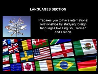 LANGUAGES SECTION


   Prepares you to have international
    relationships by studying foreign
    languages like English, German
               and French.
 