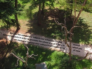 Be
optiona sides the com
       l p ro je c            p
                   ts in or ulsory subject
            can me der to promo              s ou r sc
                                                       h oo l h a
                       e t an d          te the s                 s create
                                improv            chool a                  d
                                      e your
                                              culture lso as a place              several
                                                        fro m a              i
                                                                  wider p n       which y
                                                                           oint          ou
                                                                                  of view
                                                                                          .
 