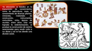 •la educación se basaba en la
transmisión de conocimientos
como la agricultura, caza, el
conocimiento de diversas plantas,
minerales,
materiales
de
construcción,
instrumentos,
costumbres, ciclos, épocas de
reunión, entre otros. Una vez
lograda la sedentarización, se
produjo la construcción de centros
ceremoniales para rendir culto a
sus dioses y así se fue dando una
división social.

 