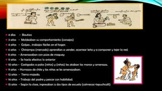 4 días

- Bautizo

3 años - Moldeaban su comportamiento (consejos)
4 años - Golpes , trabajos fáciles en el hogar.

6 años - Chinampa (mercado) aprendían a vender, acarrear leña y a componer y tejer la red.
8 años - Amenazaban con púas de maguey
9 años - Se hacía efectivo lo anterior
10 años - Castigados a palos (niños) y (niñas) las ataban las manos y amenaza.
11 años - Humazos de chile y las niñas se les amenazaban.
12 años - Tierra mojada.
14 años - Trabajo del padre y pescar con habilidad.
15 años - Según la clase, ingresaban a dos tipos de escuela (calmecac-tepuchcalli)

 