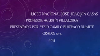 LICEO NACIONAL JOSÉ JOAQUÍN CASAS
PROFESOR: AGUSTÍN VILLALOBOS
PRESENTADO POR: YESID CAMILO BUITRAGO DUARTE
GRADO: 10-4
2015
 