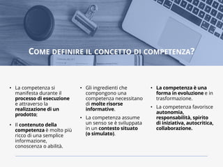 • La competenza si
manifesta durante il
processo di esecuzione
e attraverso la
realizzazione di un
prodotto;
• Il contenuto della
competenza è molto più
ricco di una semplice
informazione,
conoscenza o abilità.
COME DEFINIRE IL CONCETTO DI COMPETENZA?
• Gli ingredienti che
compongono una
competenza necessitano
di molte risorse
informative.
• La competenza assume
un senso se è sviluppata
in un contesto situato
(o simulato).
• La competenza è una
forma in evoluzione e in
trasformazione.
• La competenza favorisce
autonomia,
responsabilità, spirito
di iniziativa, autocritica,
collaborazione.
 