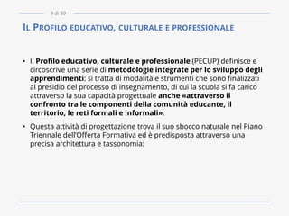 IL PROFILO EDUCATIVO, CULTURALE E PROFESSIONALE
• Il Profilo educativo, culturale e professionale (PECUP) definisce e
circoscrive una serie di metodologie integrate per lo sviluppo degli
apprendimenti: si tratta di modalità e strumenti che sono finalizzati
al presidio del processo di insegnamento, di cui la scuola si fa carico
attraverso la sua capacità progettuale anche «attraverso il
confronto tra le componenti della comunità educante, il
territorio, le reti formali e informali».
• Questa attività di progettazione trova il suo sbocco naturale nel Piano
Triennale dell’Offerta Formativa ed è predisposta attraverso una
precisa architettura e tassonomia:
9 di 30
 