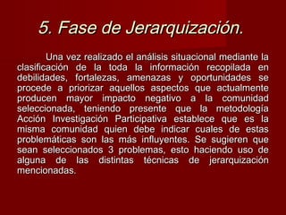 5. Fase de Jerarquización.5. Fase de Jerarquización.
Una vez realizado el análisis situacional mediante laUna vez realizado el análisis situacional mediante la
clasificación de la toda la información recopilada enclasificación de la toda la información recopilada en
debilidades, fortalezas, amenazas y oportunidades sedebilidades, fortalezas, amenazas y oportunidades se
procede a priorizar aquellos aspectos que actualmenteprocede a priorizar aquellos aspectos que actualmente
producen mayor impacto negativo a la comunidadproducen mayor impacto negativo a la comunidad
seleccionada, teniendo presente que la metodologíaseleccionada, teniendo presente que la metodología
Acción Investigación Participativa establece que es laAcción Investigación Participativa establece que es la
misma comunidad quien debe indicar cuales de estasmisma comunidad quien debe indicar cuales de estas
problemáticas son las más influyentes. Se sugieren queproblemáticas son las más influyentes. Se sugieren que
sean seleccionados 3 problemas, esto haciendo uso desean seleccionados 3 problemas, esto haciendo uso de
alguna de las distintas técnicas de jerarquizaciónalguna de las distintas técnicas de jerarquización
mencionadas.mencionadas.
 