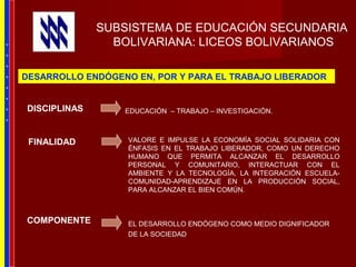 SUBSISTEMA DE EDUCACIÓN SECUNDARIA
BOLIVARIANA: LICEOS BOLIVARIANOS
DESARROLLO ENDÓGENO EN, POR Y PARA EL TRABAJO LIBERADOR
FINALIDAD
COMPONENTE
VALORE E IMPULSE LA ECONOMÍA SOCIAL SOLIDARIA CON
ÉNFASIS EN EL TRABAJO LIBERADOR, COMO UN DERECHO
HUMANO QUE PERMITA ALCANZAR EL DESARROLLO
PERSONAL Y COMUNITARIO, INTERACTUAR CON EL
AMBIENTE Y LA TECNOLOGÍA, LA INTEGRACIÓN ESCUELA-
COMUNIDAD-APRENDIZAJE EN LA PRODUCCIÓN SOCIAL,
PARA ALCANZAR EL BIEN COMÚN.
EL DESARROLLO ENDÓGENO COMO MEDIO DIGNIFICADOR
DE LA SOCIEDAD
DISCIPLINAS EDUCACIÓN – TRABAJO – INVESTIGACIÓN.
*
*
*
*
*
*
*
*
 