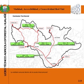 LICEO TÉCNICO AGRICOLA – FORESTAL HUALAÑÉ Vialidad, Accesibilidad y Conectividad Red Vial Contexto Territorial  La vialidad comunal dentro de la escala Intercomunal 119 