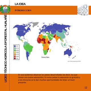 LICEO TÉCNICO AGRICOLA – FORESTAL HUALAÑÉ INTRODUCCION En azul podemos observar los países desarrollados (es decir, los que tienen una buena educación). En estos países la educación es gratuita y a los chicos/as se le dan muchas oportunidades de tener un buen presente. 12 LA IDEA 