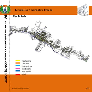 LICEO TÉCNICO AGRICOLA – FORESTAL HUALAÑÉ Legislación y Normativa Urbana Fuente: www.hualane.cl Uso de Suelo Habitacional Comercio Culto-Cultura institucional educacional salud 143 