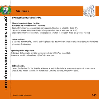 LICEO TÉCNICO AGRICOLA – FORESTAL HUALAÑÉ Sistemas Fuente: www.hualane.cl DIAGNOSTICO SITUACION ACTUAL. Abastecimiento de Agua Potable. a) Fuentes de abastecimiento - Hualañe. Captación Subterránea :un sondaje con capacidad total en el año 2004 de 20  l/s. Captación Subterránea :un sondaje con capacidad total en el año 2004 de 16  l/s. Captación Subterránea :una noria con capacidad total en el año 2004 de 30  l/s. (Fuente Futura) b) Tratamiento. El sistema de HUALAÑÉ,  cuenta con un proceso de desinfección antes de enviarla al consumo mediante un equipo de cloración. c) Estanques de Regulación . Estanque  de hormigón armado semienterrado de 500 m ³ de capacidad. Estanque  metálico elevado de 100 m ³ de capacidad. d) Distribución. La red de distribución de Hualañé abastece a toda la localidad y su composición total es cercana a unos 19.486  ml con cañerías  de material de Cemento Asbesto, PVC/HDP  y otros. 145 