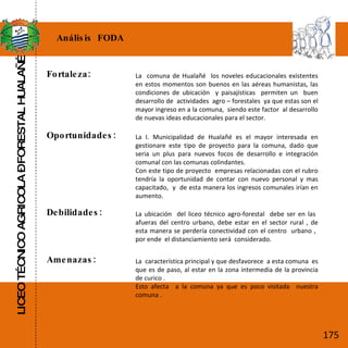 LICEO TÉCNICO AGRICOLA – FORESTAL HUALAÑÉ Análisis  FODA Fortaleza: La  comuna de Hualañé  los noveles educacionales existentes en estos momentos son buenos en las aéreas humanistas, las condiciones de ubicación  y paisajísticas  permiten un  buen desarrollo de  actividades  agro – forestales  ya que estas son el mayor ingreso en a la comuna,  siendo este factor  al desarrollo de nuevas ideas educacionales para el sector. Oportunidades: La I. Municipalidad de Hualañé es el mayor interesada en gestionare este tipo de proyecto para la comuna, dado que seria un plus para nuevos focos de desarrollo e integración comunal con las comunas colindantes. Con este tipo de proyecto  empresas relacionadas con el rubro tendría la oportunidad de contar con nuevo personal y mas capacitado,  y  de esta manera los ingresos comunales irían en aumento. Debilidades: La ubicación  del liceo técnico agro-forestal  debe ser en las  afueras del centro urbano, debe estar en el sector rural , de esta manera se perdería conectividad con el centro  urbano ,  por ende  el distanciamiento será  considerado. Amenazas: La  característica principal y que desfavorece  a esta comuna  es que es de paso, al estar en la zona intermedia de la provincia de curico . Esto afecta  a la comuna ya que es poco visitada  nuestra comuna . 175 