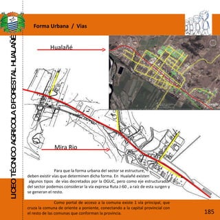 LICEO TÉCNICO AGRICOLA – FORESTAL HUALAÑÉ Forma Urbana  /  Vias Para que la forma urbana del sector se estructure,  deben existir vías que determinen dicha forma. En  Hualañé existen algunos tipos  de vías decretados por la OGUC, pero como eje estructurador del sector podemos considerar la vía expresa Ruta J-60 , a raíz de esta surgen y se generan el resto. Como portal de acceso a la comuna existe 1 vía principal, que cruza la comuna de oriente a poniente, conectando a la capital provincial con el resto de las comunas que conforman la provincia.  Hualañé Mira Rio 185 