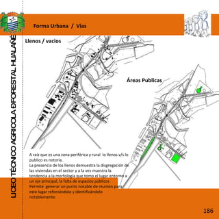 LICEO TÉCNICO AGRICOLA – FORESTAL HUALAÑÉ Forma Urbana  /  Vias Llenos / vacios Áreas Publicas A raíz que es una zona periférica y rural  lo llenos v/s lo publico es notoria. La presencia de los llenos demuestra la disgregación de las viviendas en el sector y a la ves muestra la tendencia a la morfologia que tomo el lugar entorno a un eje principal, la falta de espacios públicos  Permite  generar un punto notable de reunión para  este lugar reforzándolo y identificándolo notablemente. 186 