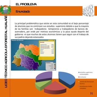 LICEO TÉCNICO AGRICOLA – FORESTAL HUALAÑÉ Enunciado  EL PROBLEMA La principal problemática que existe en esta comunidad es el bajo porcentaje de alumnos que no continúan sus estudios  superiores debido a que la mayoría de las familias son  trabajadores  temporeros y trabajadores de bancos de  aserradero, por ende por motivos económicos y la poca ayuda departe del gobierno  es que muchos de estos alumnos tienen que seguir con el trabajo de sus padres dejando estancados  31 