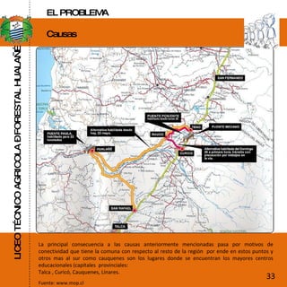 LICEO TÉCNICO AGRICOLA – FORESTAL HUALAÑÉ Causas  Fuente: www.mop.cl La principal consecuencia a las causas anteriormente mencionadas pasa por motivos de conectividad que tiene la comuna con respecto al resto de la región  por ende en estos puntos y otros mas al sur como cauquenes son los lugares donde se encuentran los mayores centros educacionales (capitales  provinciales: Talca , Curicó, Cauquenes, Linares. 33 EL PROBLEMA 
