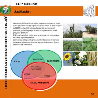 LICEO TÉCNICO AGRICOLA – FORESTAL HUALAÑÉ Justificación  La investigación se desarrollará en primera instancia en el curso de Seminario de Especialización, desde el mes de julio del 2009 hasta el término del segundo semestre del presente, para luego ejecutarse  el siguiente año en el proyecto de título. El área a investigar en terreno se acotará a la  comuna de Hualañé  región del Maule La investigación podría presentar limitaciones de tiempo para desarrollarse totalmente, ya que se enmarca dentro del curso del Seminario SOCIAL EQUITATIVO DESARROLLO SOSTENIBLE VIVIBLE VIABLE MEDIO AMBIENTAL ECONOMICO 50 EL PROBLEMA 