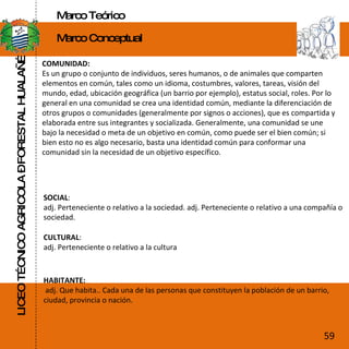 LICEO TÉCNICO AGRICOLA – FORESTAL HUALAÑÉ Marco Teórico Marco Conceptual COMUNIDAD: Es un grupo o conjunto de individuos, seres humanos, o de animales que comparten elementos en común, tales como un idioma, costumbres, valores, tareas, visión del mundo, edad, ubicación geográfica (un barrio por ejemplo), estatus social, roles. Por lo general en una comunidad se crea una identidad común, mediante la diferenciación de otros grupos o comunidades (generalmente por signos o acciones), que es compartida y elaborada entre sus integrantes y socializada. Generalmente, una comunidad se une bajo la necesidad o meta de un objetivo en común, como puede ser el bien común; si bien esto no es algo necesario, basta una identidad común para conformar una comunidad sin la necesidad de un objetivo específico. SOCIAL :  adj. Perteneciente o relativo a la sociedad. adj. Perteneciente o relativo a una compañía o sociedad. CULTURAL :  adj. Perteneciente o relativo a la cultura HABITANTE: adj. Que habita.. Cada una de las personas que constituyen la población de un barrio, ciudad, provincia o nación. 59 