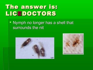 The answer is:The answer is:
LICLICEEDOCTORSDOCTORS
 Nymph no longer has a shell thatNymph no longer has a shell that
surrounds the nitsurrounds the nit
 