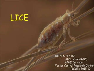LICE
PRESENTED BY:
ANIL KUMAR(03)
MPHE Ist year
Vector Control Research Center
12/30/2015
(ICMR)-2015-17
 