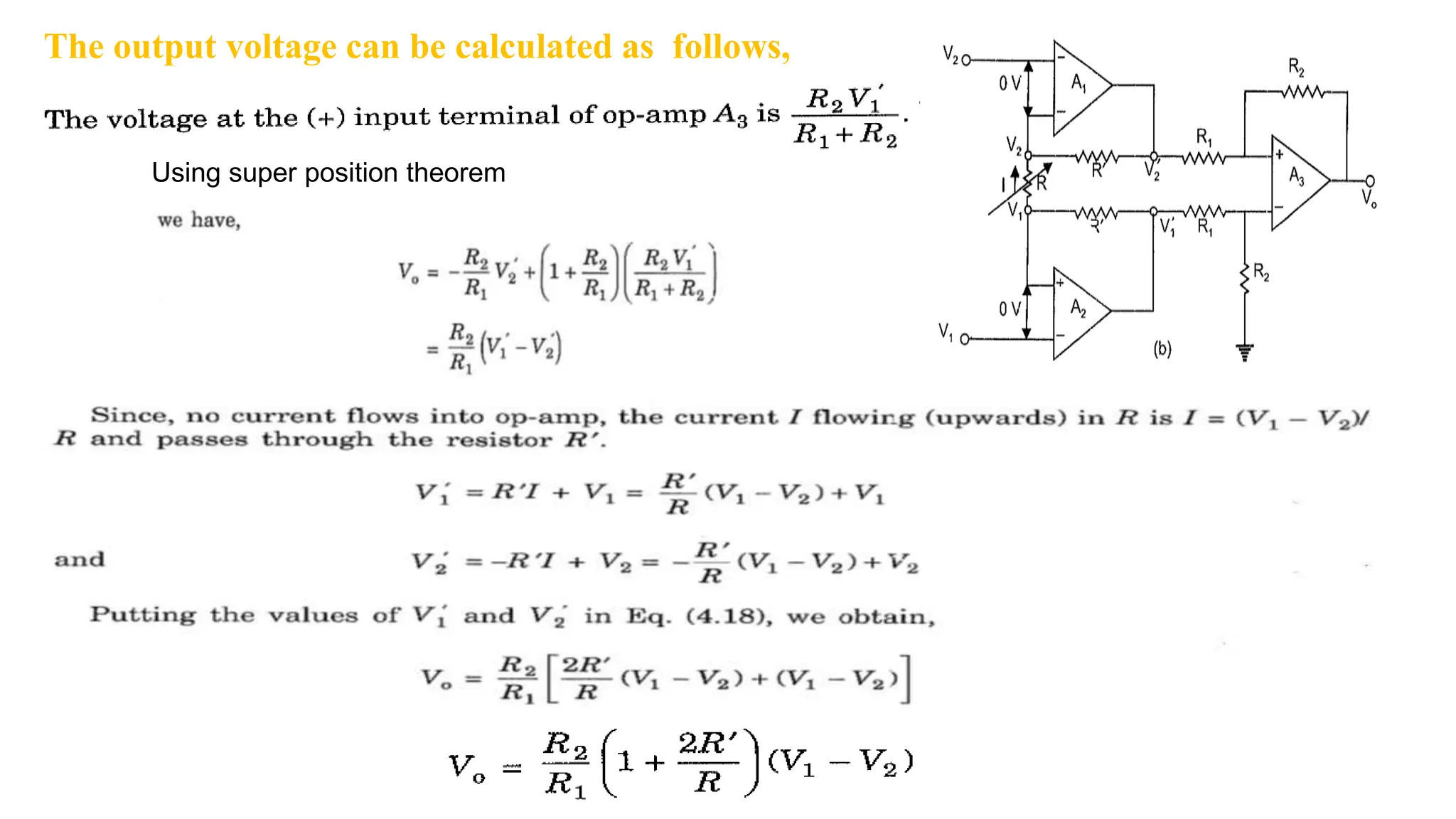 The output voltage can be calculated as follows,
Using super position theorem
 