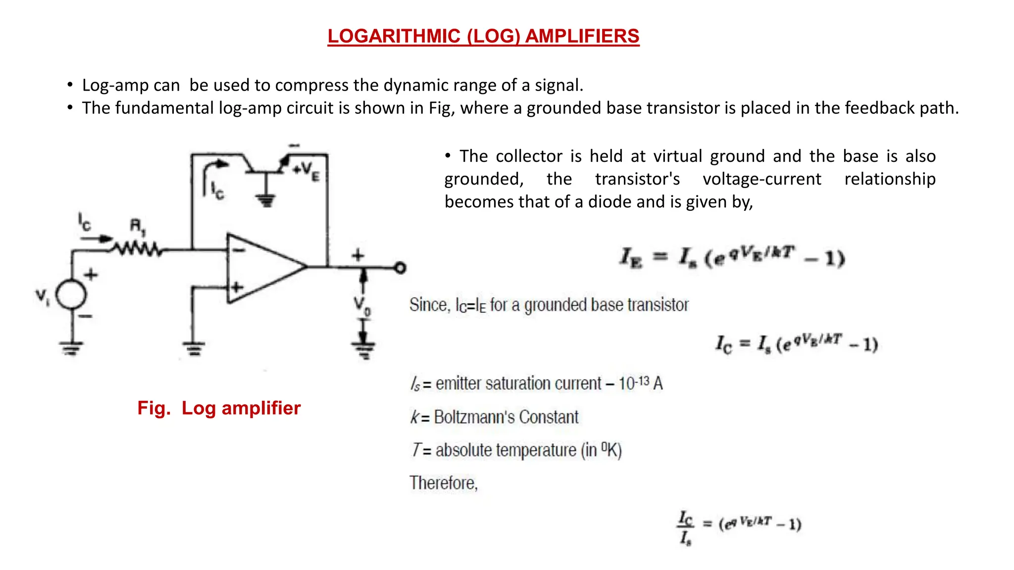 LOGARITHMIC (LOG) AMPLIFIERS
• Log-amp can be used to compress the dynamic range of a signal.
• The fundamental log-amp circuit is shown in Fig, where a grounded base transistor is placed in the feedback path.
Fig. Log amplifier
• The collector is held at virtual ground and the base is also
grounded, the transistor's voltage-current relationship
becomes that of a diode and is given by,
 