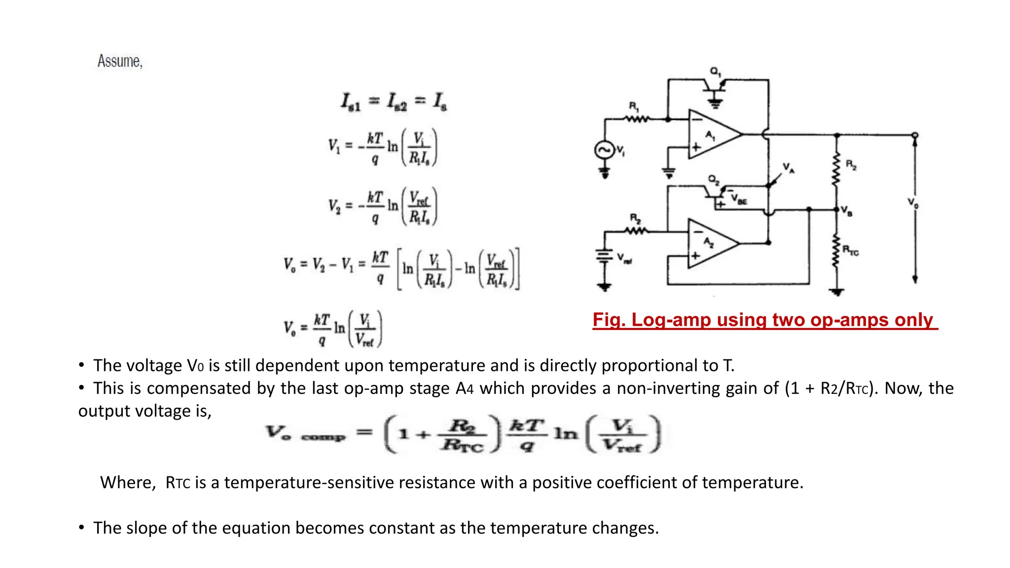 • The voltage V0 is still dependent upon temperature and is directly proportional to T.
• This is compensated by the last op-amp stage A4 which provides a non-inverting gain of (1 + R2/RTC). Now, the
output voltage is,
Where, RTC is a temperature-sensitive resistance with a positive coefficient of temperature.
• The slope of the equation becomes constant as the temperature changes.
Fig. Log-amp using two op-amps only
 