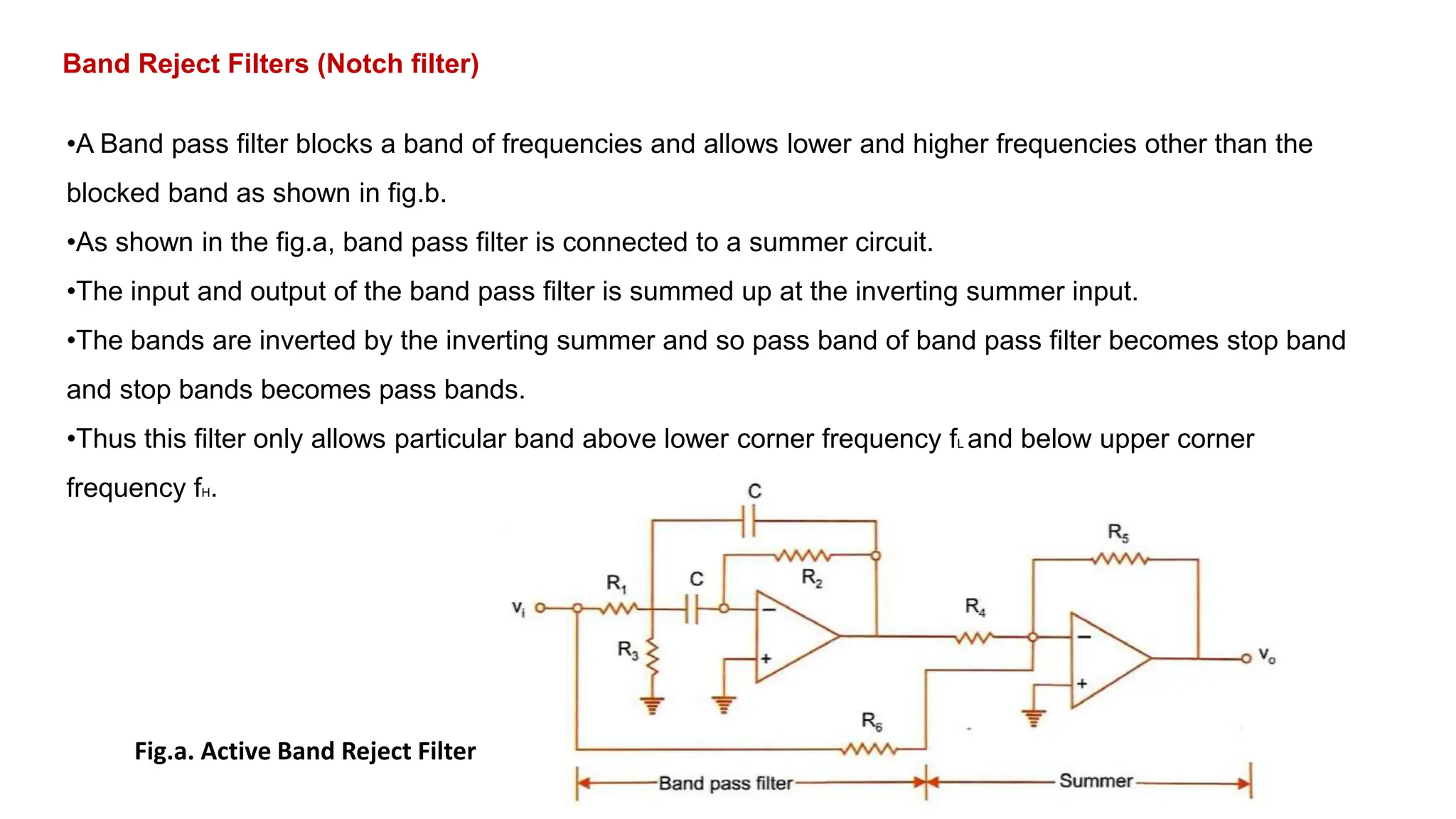 Band Reject Filters (Notch filter)
•A Band pass filter blocks a band of frequencies and allows lower and higher frequencies other than the
blocked band as shown in fig.b.
•As shown in the fig.a, band pass filter is connected to a summer circuit.
•The input and output of the band pass filter is summed up at the inverting summer input.
•The bands are inverted by the inverting summer and so pass band of band pass filter becomes stop band
and stop bands becomes pass bands.
•Thus this filter only allows particular band above lower corner frequency fL and below upper corner
frequency fH.
Fig.a. Active Band Reject Filter
 