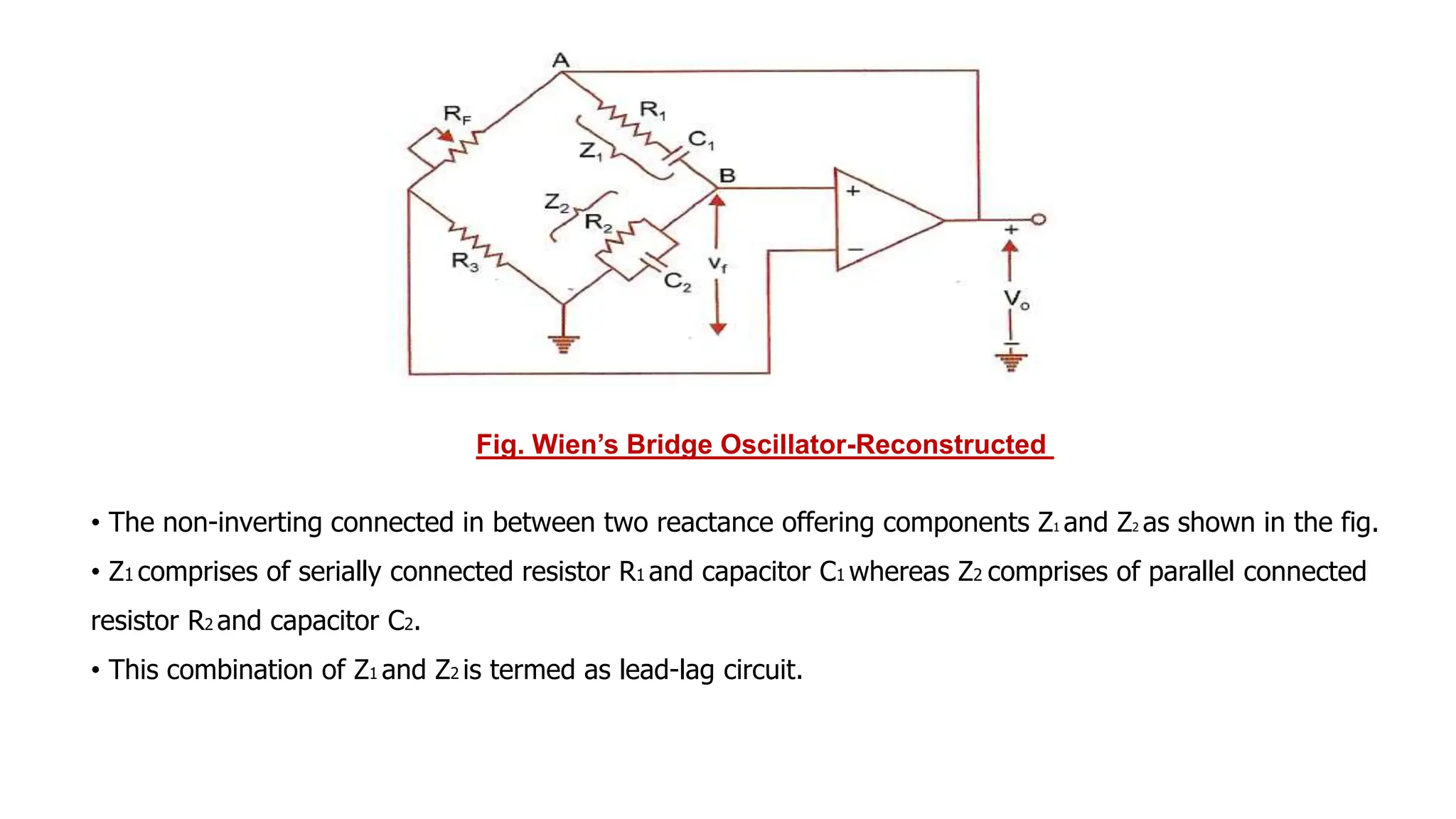Fig. Wien’s Bridge Oscillator-Reconstructed
• The non-inverting connected in between two reactance offering components Z1 and Z2 as shown in the fig.
• Z1 comprises of serially connected resistor R1 and capacitor C1 whereas Z2 comprises of parallel connected
resistor R2 and capacitor C2.
• This combination of Z1 and Z2 is termed as lead-lag circuit.
 