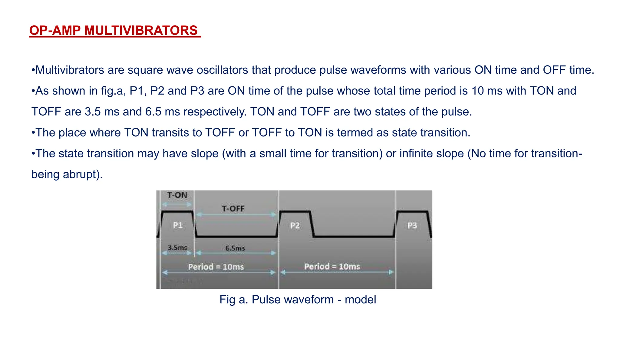 OP-AMP MULTIVIBRATORS
•Multivibrators are square wave oscillators that produce pulse waveforms with various ON time and OFF time.
•As shown in fig.a, P1, P2 and P3 are ON time of the pulse whose total time period is 10 ms with TON and
TOFF are 3.5 ms and 6.5 ms respectively. TON and TOFF are two states of the pulse.
•The place where TON transits to TOFF or TOFF to TON is termed as state transition.
•The state transition may have slope (with a small time for transition) or infinite slope (No time for transition-
being abrupt).
Fig a. Pulse waveform - model
 