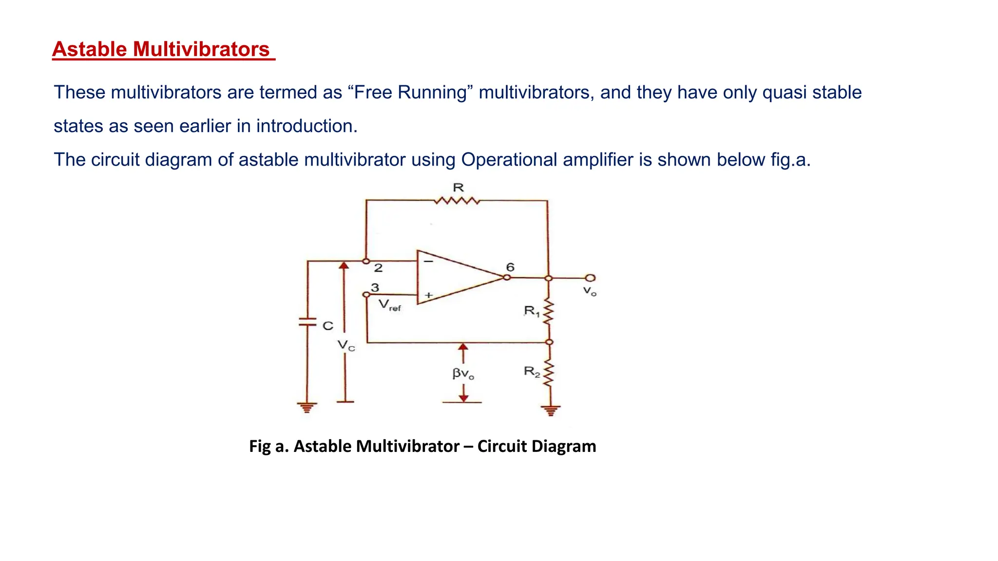 Astable Multivibrators
These multivibrators are termed as “Free Running” multivibrators, and they have only quasi stable
states as seen earlier in introduction.
The circuit diagram of astable multivibrator using Operational amplifier is shown below fig.a.
Fig a. Astable Multivibrator – Circuit Diagram
 