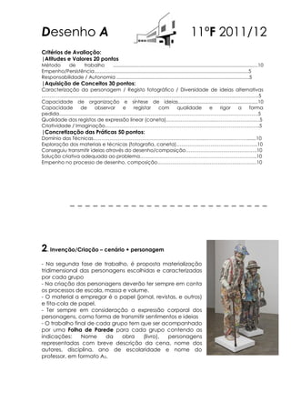Desenho A                                                                                       11ºF 2011/12
Critérios de Avaliação:
|Atitudes e Valores 20 pontos
Método     de   trabalho          ...........................................................................................................10
Empenho/Persistência..................................................................................................................5
Responsabilidade / Autonomia ..................................................................................................5
|Aquisição de Conceitos 30 pontos:
Caracterização da personagem / Registo fotográfico / Diversidade de ideias alternativas
………….....................................…………….…………………….……………………………..……………5
Capacidade de organização e síntese de ideias...........................................................10
Capacidade            de        observar    e registar com qualidade e      rigor        a        forma
pedida..................................……………….…………………………………………………………………5
Qualidade dos registos de expressão linear (caneta)………………………...…………………….…5
Criatividade / Imaginação…………………………………………………………………………………..5
|Concretização das Práticas 50 pontos:
Domínio das Técnicas…………………………………………………………..……………...……….......10
Exploração dos materiais e técnicas (fotografia, caneta)…………………………………………..10
Conseguiu transmitir ideias através do desenho/composição……………………………………..10
Solução criativa adequada ao problema……………………………………………………………...10
Empenho no processo de desenho, composição…………………………………………………….10




2. Invenção/Criação – cenário + personagem
- Na segunda fase de trabalho, é proposta materialização
tridimensional das personagens escolhidas e caracterizadas
por cada grupo
- Na criação das personagens deverão ter sempre em conta
os processos de escala, massa e volume.
- O material a empregar é o papel (jornal, revistas, e outros)
e fita-cola de papel.
- Ter sempre em consideração a expressão corporal dos
personagens, como forma de transmitir sentimentos e ideias
- O trabalho final de cada grupo tem que ser acompanhado
por uma Folha de Parede para cada grupo contendo as
indicações:     Nome     da   obra    (livro),  personagens
representadas com breve descrição da cena, nome dos
autores, disciplina, ano de escolaridade e nome do
professor, em formato A5.
 