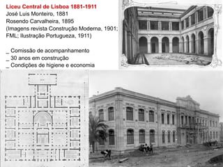 Liceu Central de Lisboa 1881-1911
José Luis Monteiro, 1881
Rosendo Carvalheira, 1895
(Imagens revista Construção Moderna, 1901;
FML; Ilustração Portugueza, 1911)

_ Comissão de acompanhamento
_ 30 anos em construção
_ Condições de higiene e economia
 
