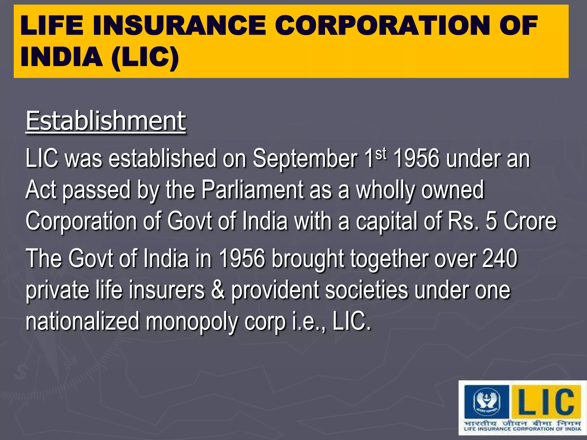 LIFE INSURANCE CORPORATION OF INDIA (LIC)EstablishmentLIC was established on September 1st 1956 under an Act passed by the Parliament as a wholly owned Corporation of Govt of India with a capital of Rs. 5 Crore The Govt of India in 1956 brought together over 240 private life insurers & provident societies under one nationalized monopoly corp i.e., LIC.