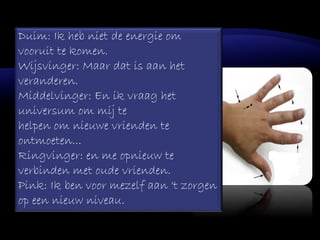 Duim: Ik heb niet de energie om
vooruit te komen.
Wijsvinger: Maar dat is aan het
veranderen.
Middelvinger: En ik vraag het
universum om mij te
helpen om nieuwe vrienden te
ontmoeten...
Ringvinger: en me opnieuw te
verbinden met oude vrienden.
Pink: Ik ben voor mezelf aan 't zorgen
op een nieuw niveau.
 
