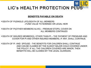 LIC’s HEALTH PROTECTION PLUS
BENEFITS PAYABLE ON DEATH
DEATH OF PI(SINGLE LIFE)/DEATH OF ALL MEMBERS
–FUND VALUE TO NOMINEE OR LEGAL HEIR
DEATH OF PI(OTHER MEMBERS ALIVE) – PREMIUM STOPS, COVER ON
ALL MEMBERS CONTINUES
DEATH OF INSURED MEMBER(S), OTHER THAN PI – THE PAYMENT OF PREMIUMS AND
COVER FOR PI AND OTHER INSURED MEMBERS, IF ANY, SHALL CONTINUE.
DEATH OF PI AND SPOUSE - THE BENEFITS FOR CHILDREN SHALL CONTINUE
AND CAN BE CLAIMED BY THE ELDEST MAJOR CHILD COVERED UNDER
THE POLICY. IF ALL THE CHILDREN COVERED ARE MINOR, THEN
BENEFITS WILL BE CLAIMED BY THE LEGAL GUARDIAN.
 