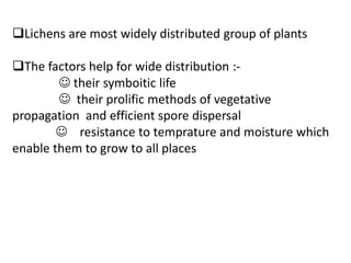 Lichens are most widely distributed group of plants
The factors help for wide distribution :-
 their symboitic life
 their prolific methods of vegetative
propagation and efficient spore dispersal
 resistance to temprature and moisture which
enable them to grow to all places
 