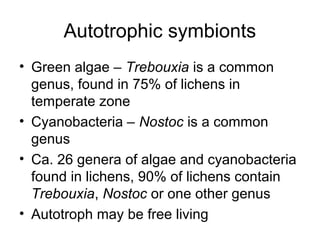 Autotrophic symbionts
• Green algae – Trebouxia is a common
genus, found in 75% of lichens in
temperate zone
• Cyanobacteria – Nostoc is a common
genus
• Ca. 26 genera of algae and cyanobacteria
found in lichens, 90% of lichens contain
Trebouxia, Nostoc or one other genus
• Autotroph may be free living
 