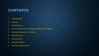 CONTENTS
1. Introduction
2. History
3. Distribution
4. External Structure of Thallus (Shapes of Lichens)
5. Internal Structure of Thallus
6. Classification
7. Reproduction
8. Harmful Effects
9. Economic Importance
 
