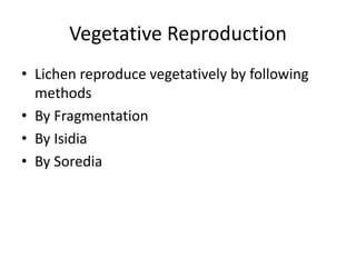 Vegetative Reproduction
• Lichen reproduce vegetatively by following
methods
• By Fragmentation
• By Isidia
• By Soredia
 