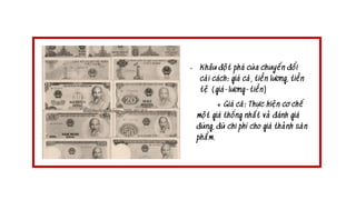 + Ti
lương hi
tệ gắn
lương ph
tạo sức
và hiệu
+ Tiề
thu hút
quay vò
sang hạ
- Khâu đột phá của chuyển đổi
cải cách: giá cả, tiền lương, tiền
tệ (giá-lương-tiền)
+ Giá cả: Thực hiện cơ chế
một giá thống nhất và đánh giá
đúng, đủ chi phí cho giá thành sản
phẩm.
 