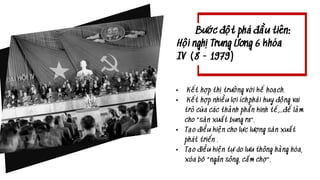 • Kết hợp thị trường với kế hoạch.
• Kết hợp nhiều lợi ích,phải huy động vai
trò của các thành phần kinh tế,…để làm
cho “sản xuất bung ra”.
• Tạo điều kiện cho lực lượng sản xuất
phát triển .
• Tạo điều kiện tự do lưu thông hàng hóa,
xóa bỏ “ngăn sông, cấm chợ”.
Bước đột phá đầu tiên:
Hội nghị Trung Ương 6 khóa
IV (8 - 1979)
 