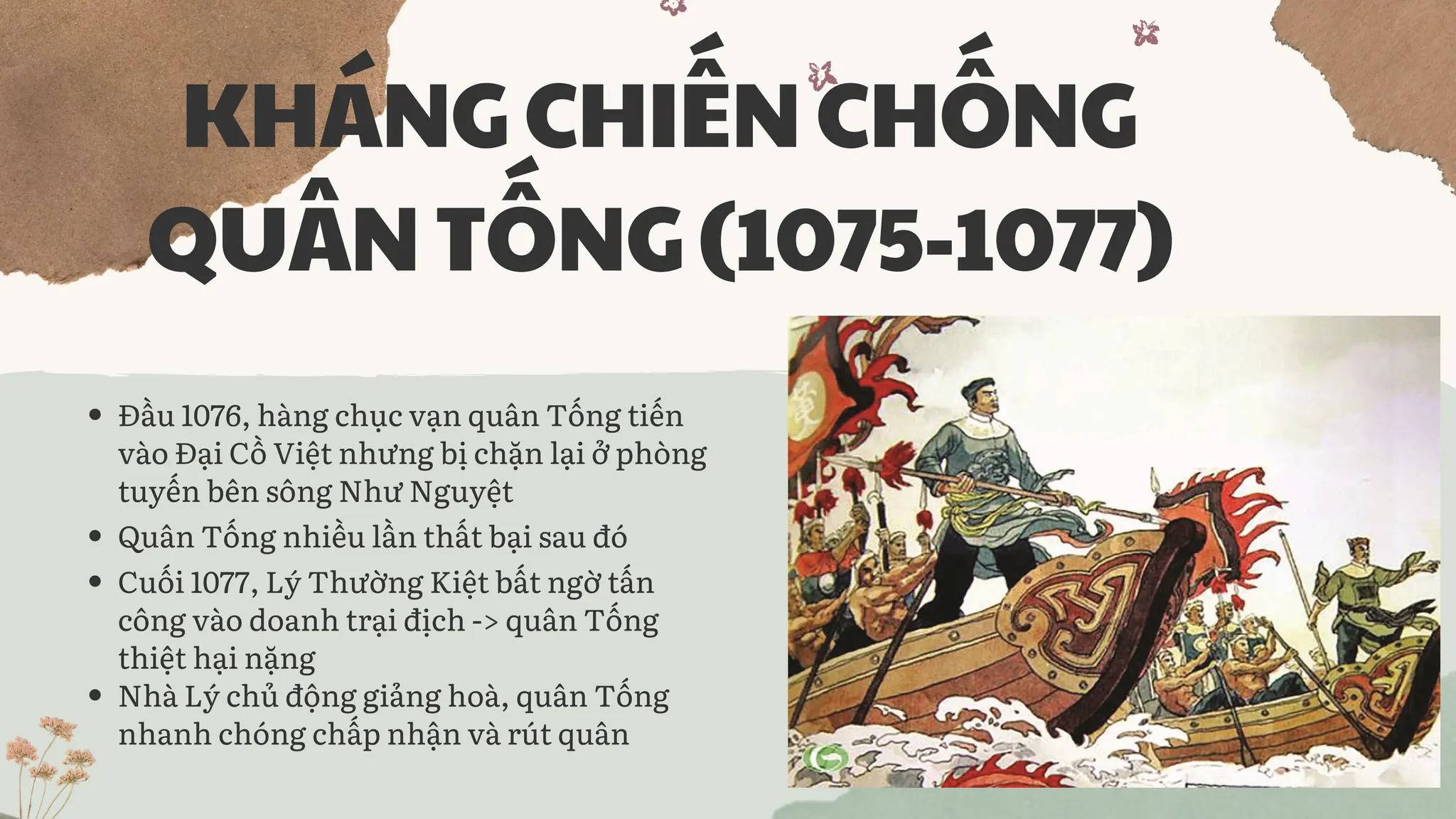 KHÁNGCHIẾNCHỐNG
QUÂNTỐNG(1075-1077)
Đầu 1076, hàng chục vạn quân Tống tiến
vào Đại Cồ Việt nhưng bị chặn lại ở phòng
tuyến bên sông Như Nguyệt
Quân Tống nhiều lần thất bại sau đó
Cuối 1077, Lý Thường Kiệt bất ngờ tấn
công vào doanh trại địch -> quân Tống
thiệt hại nặng
Nhà Lý chủ động giảng hoà, quân Tống
nhanh chóng chấp nhận và rút quân
 