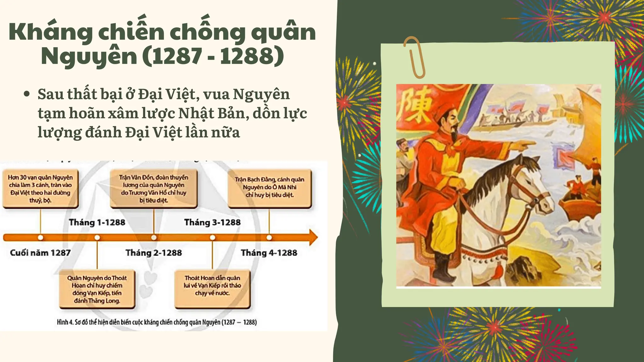Kháng chiến chống quân
Nguyên (1287 - 1288)
Sau thất bại ở Đại Việt, vua Nguyên
tạm hoãn xâm lược Nhật Bản, dồn lực
lượng đánh Đại Việt lần nữa
 