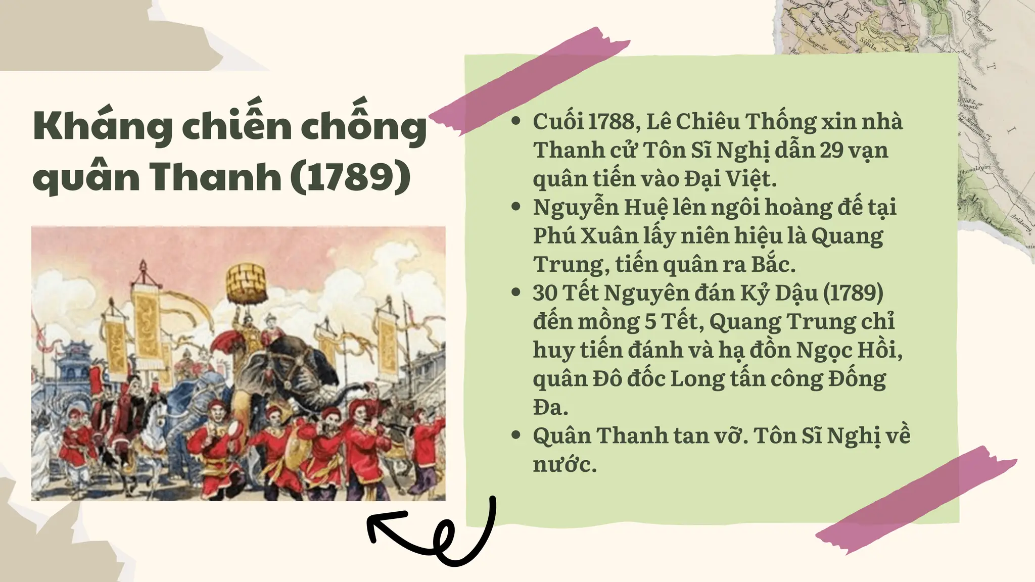 Cuối 1788, Lê Chiêu Thống xin nhà
Thanh cử Tôn Sĩ Nghị dẫn 29 vạn
quân tiến vào Đại Việt.
Nguyễn Huệ lên ngôi hoàng đế tại
Phú Xuân lấy niên hiệu là Quang
Trung, tiến quân ra Bắc.
30 Tết Nguyên đán Kỷ Dậu (1789)
đến mồng 5 Tết, Quang Trung chỉ
huy tiến đánh và hạ đồn Ngọc Hồi,
quân Đô đốc Long tấn công Đống
Đa.
Quân Thanh tan vỡ. Tôn Sĩ Nghị về
nước.
Kháng chiến chống
quân Thanh (1789)
 