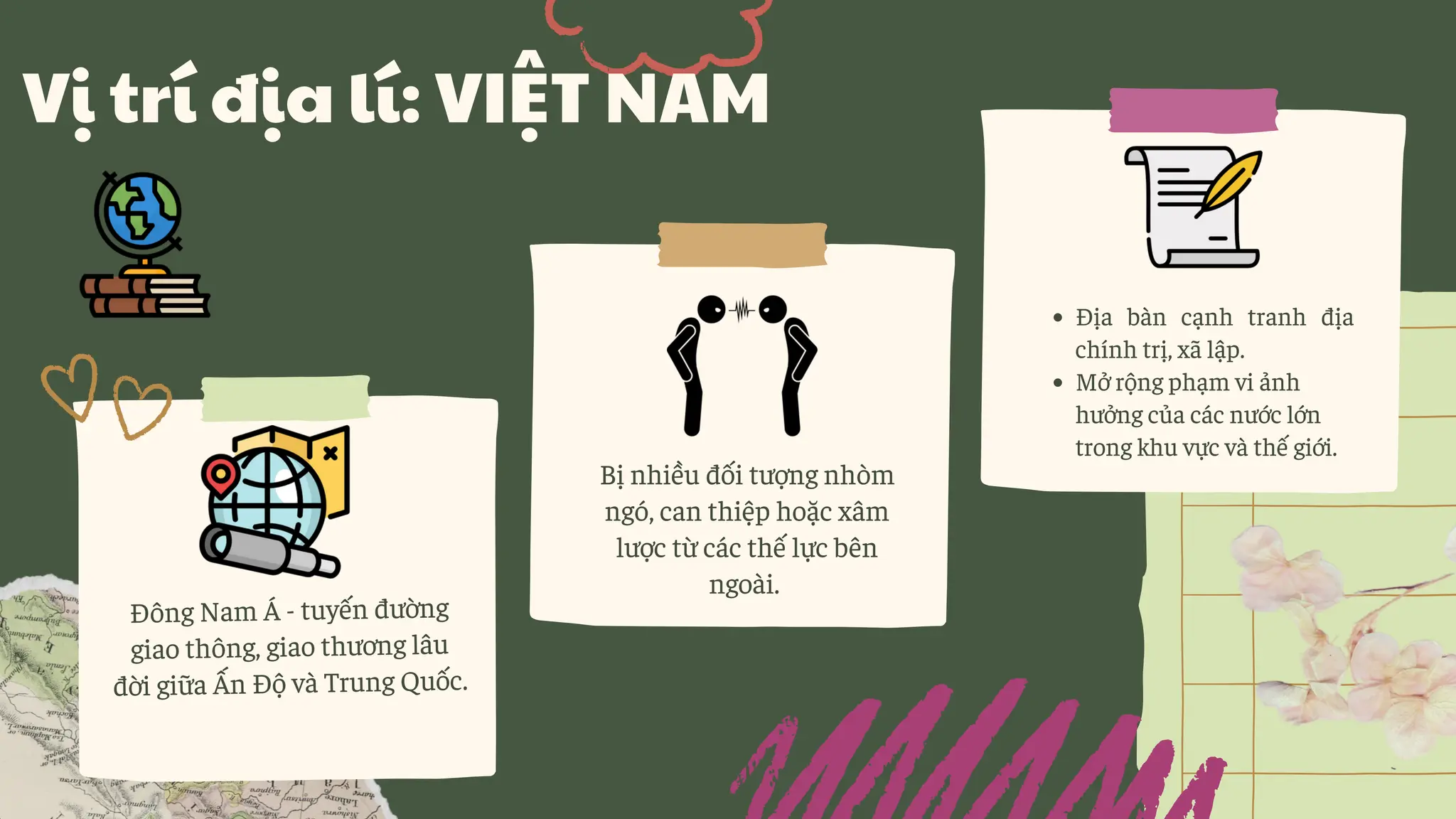 Bị nhiều đối tượng nhòm
ngó, can thiệp hoặc xâm
lược từ các thế lực bên
ngoài.
Địa bàn cạnh tranh địa
chính trị, xã lập.
Mở rộng phạm vi ảnh
hưởng của các nước lớn
trong khu vực và thế giới.
Đông Nam Á - tuyến đường
giao thông, giao thương lâu
đời giữa Ấn Độ và Trung Quốc.
Vị trí địa lí: VIỆT NAM
 