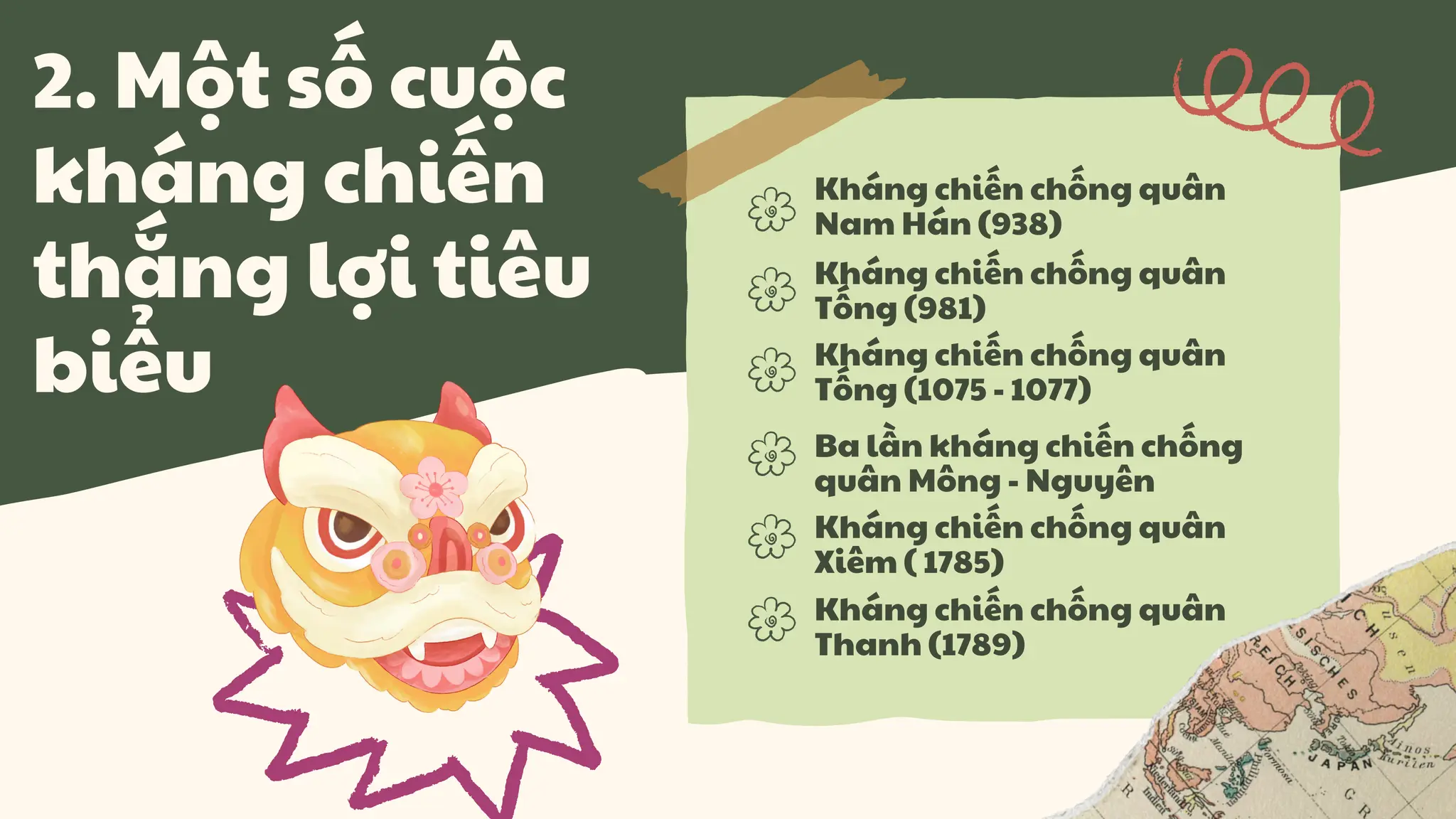 Kháng chiến chống quân
Nam Hán (938)
Kháng chiến chống quân
Tống (981)
Kháng chiến chống quân
Tống (1075 - 1077)
Ba lần kháng chiến chống
quân Mông - Nguyên
2. Một số cuộc
kháng chiến
thắng lợi tiêu
biểu
Kháng chiến chống quân
Xiêm ( 1785)
Kháng chiến chống quân
Thanh (1789)
 